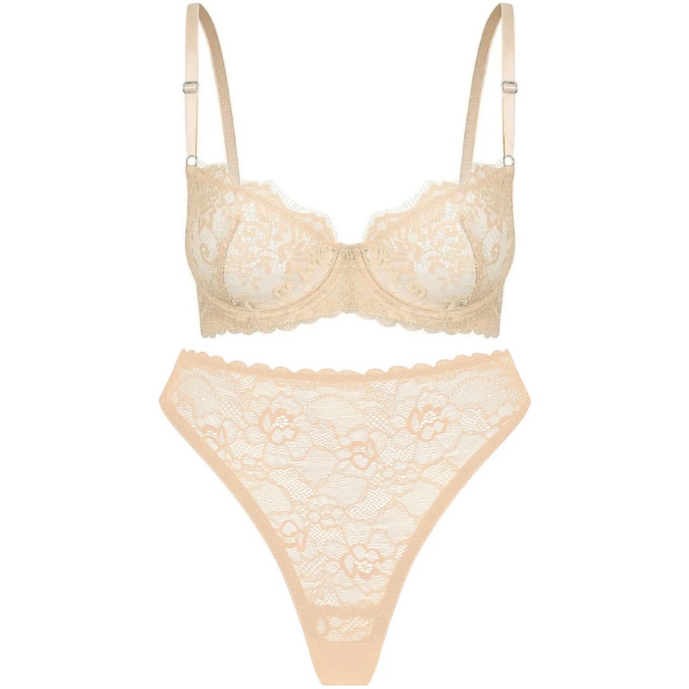 Lace Underwire Bra & High-Cut Thong Set - Beige